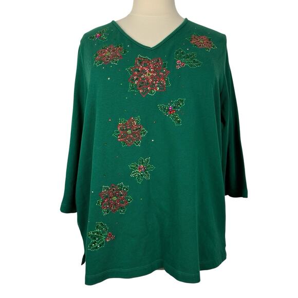 Quacker Factory Top Womens 3X Green Christmas Holiday Sequined Poinsettias Party - Picture 1 of 11